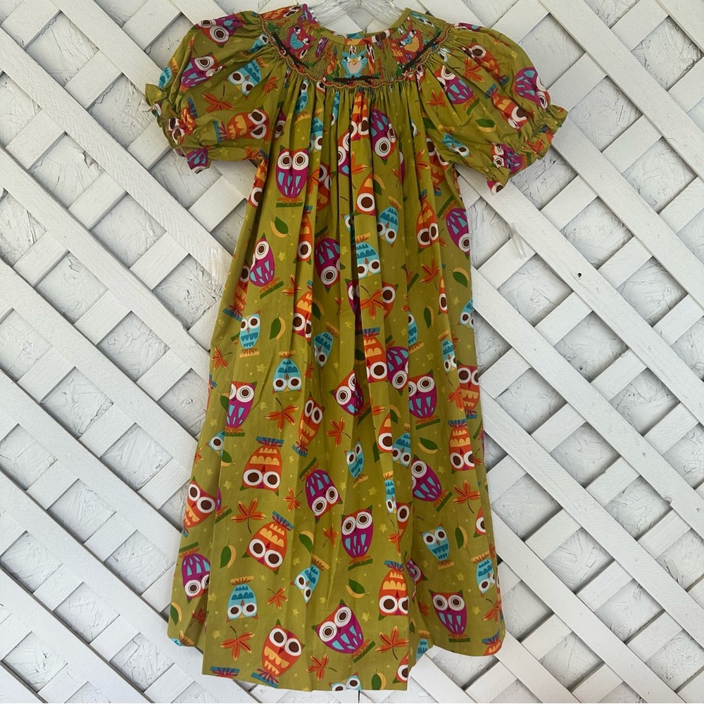 Amanda Remembered Handmade Colorful Owl Print Smocked Dress 5T